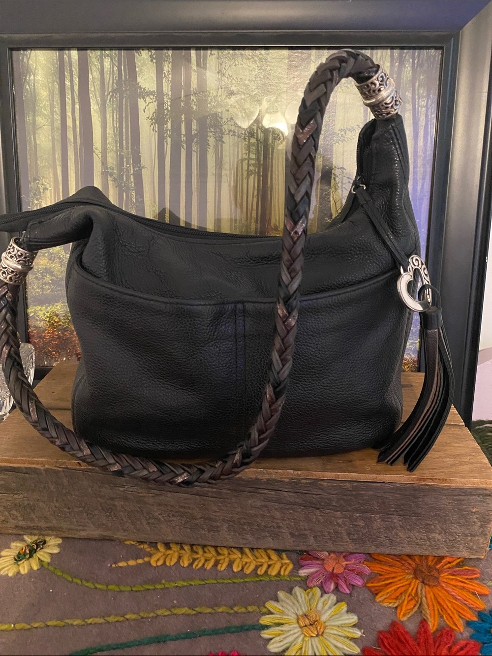 Brighton Black Pebbled Leather Hobo with Braided Strap and Tassel